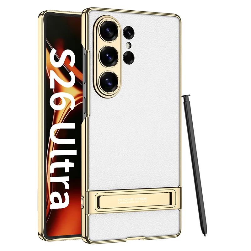 Suitable For Samsung S26Ultra Mobile Phone Case, Electroplated Plain Leather Bracket, All-Inclusive Fine Hole S25Ultra/S24 Protective Cover