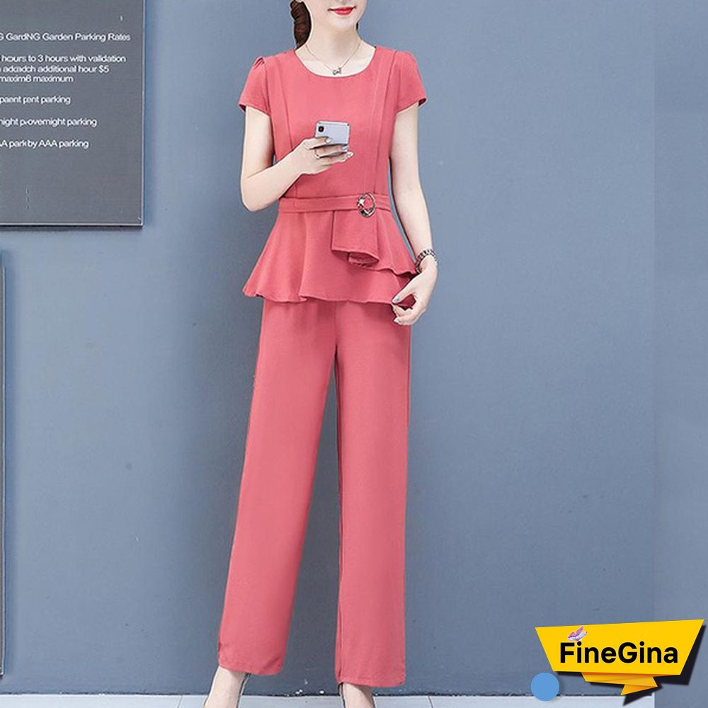 Summer 2 Two Piece Sets Outfits Women Plus Size Short Sleeve Tunics Tops And Pants Suits Office Elegant Korean Sets