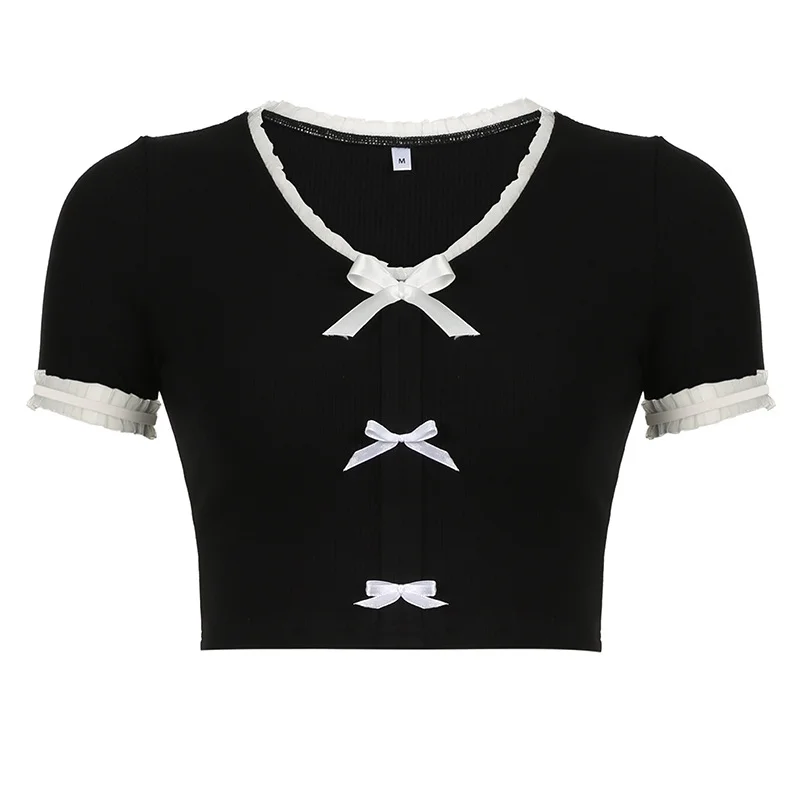Ueong Girl Lace Lace Bow Stitching Small V-Collar Slim Short Navel T-Shirt 2024 New Style In Early Spring