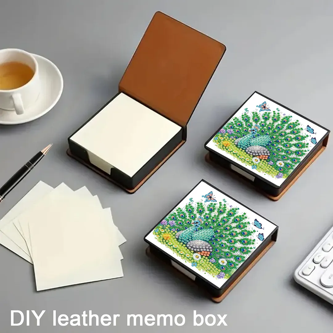 Green Peacock PU DIY 5D Diamond Painting Note Box w/160 Sheets for Office Home