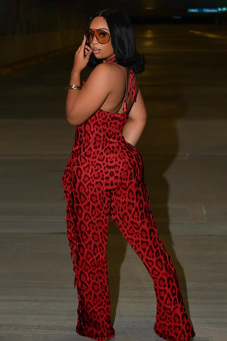 Leopard Print Deep U Halter Neck Fringe Party Jumpsuit-Red