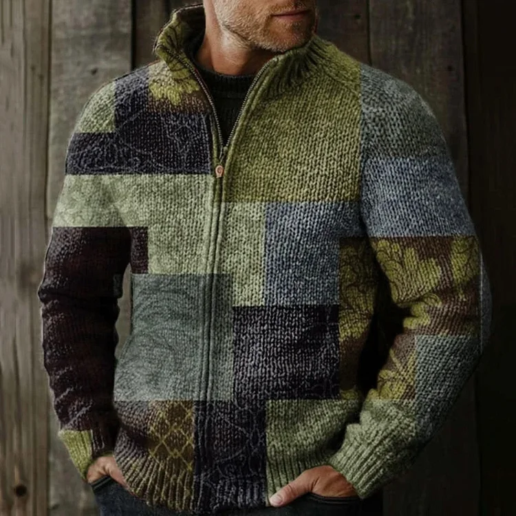 Men's Vintage Western Patchwork Design Graphic Zip Sweater
