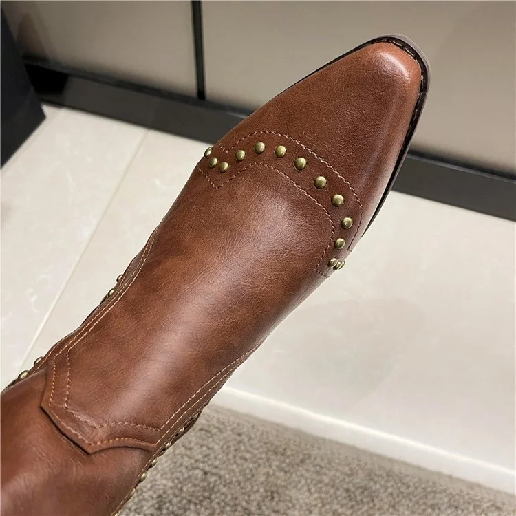Yyvonne 2025 New Retro Rivet Western Cowboy Boots Female Riders British Wind Side Thick And High Boots