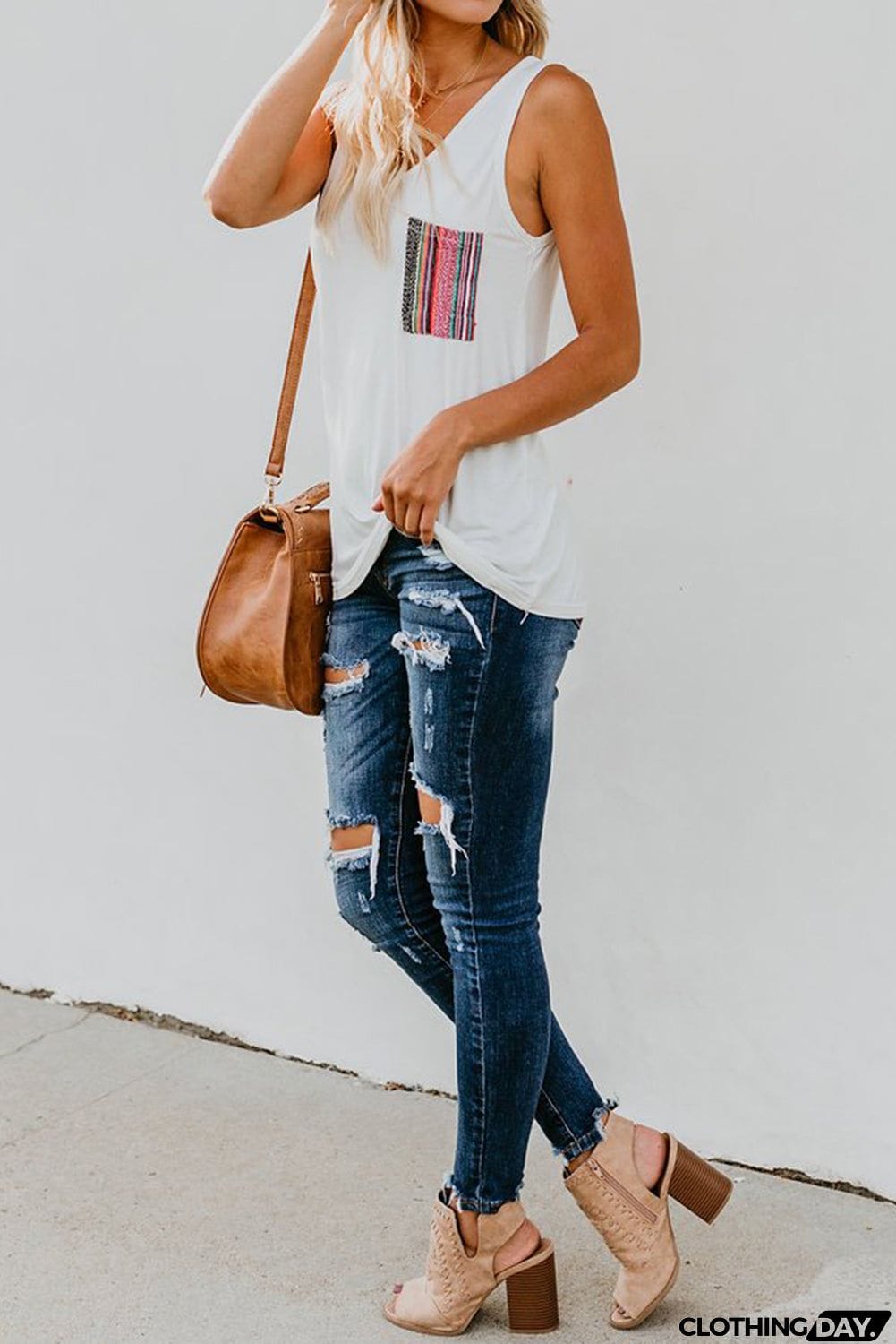 Casual Women Tank Top with Multicolor Pocket