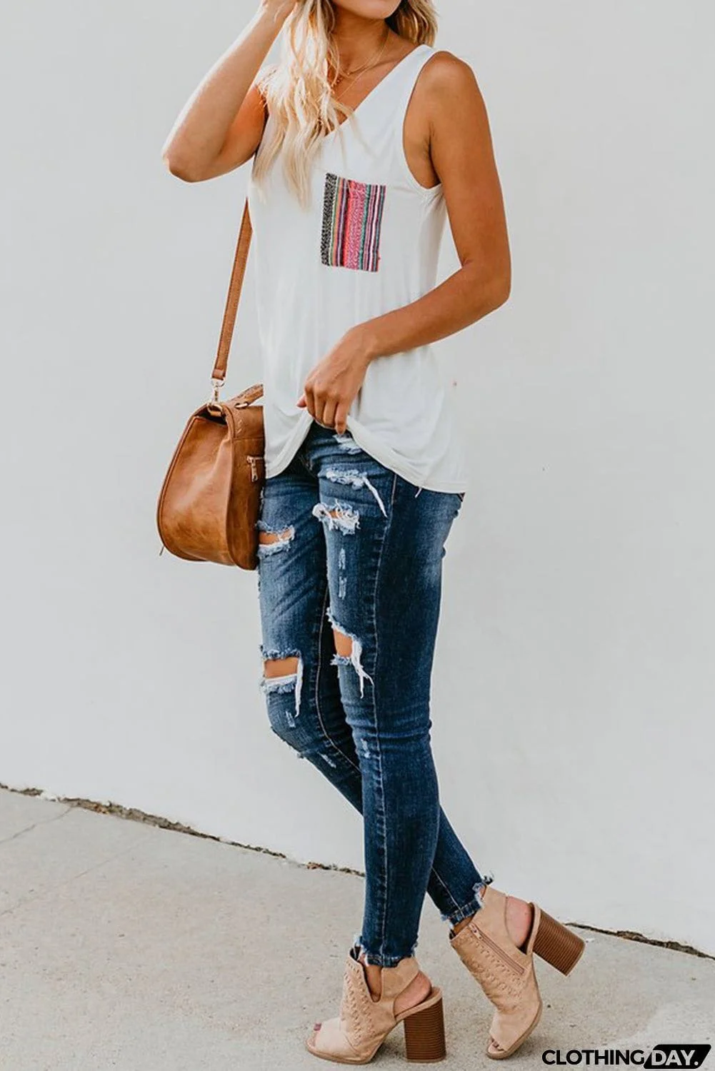 Casual Women Tank Top with Multicolor Pocket