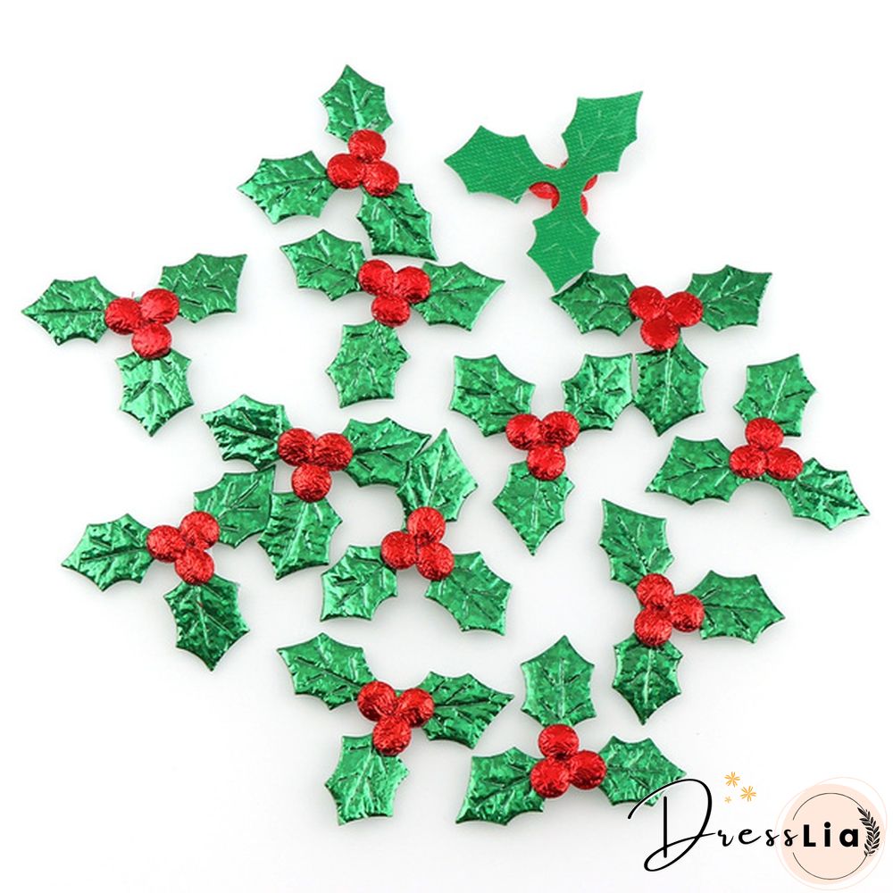 100pcs Glitter Fabric Red Berry Green Holly Leaves Appliques for Christmas Festival Decoration Scrapbook DIY Craft Supply