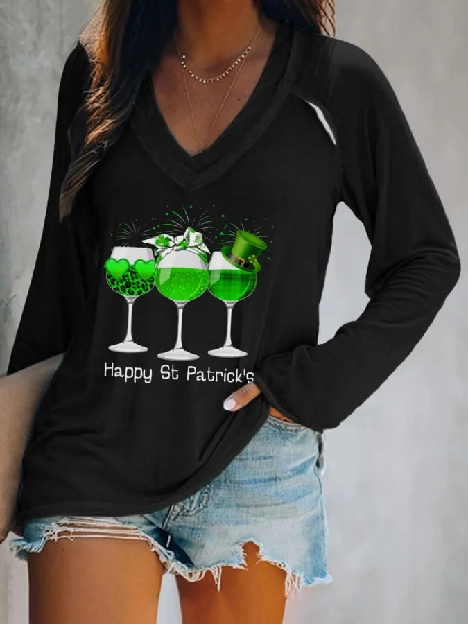Women's Three Wine Glass St Patrick's Day Shamrock Print Casual T-Shirt-mysite