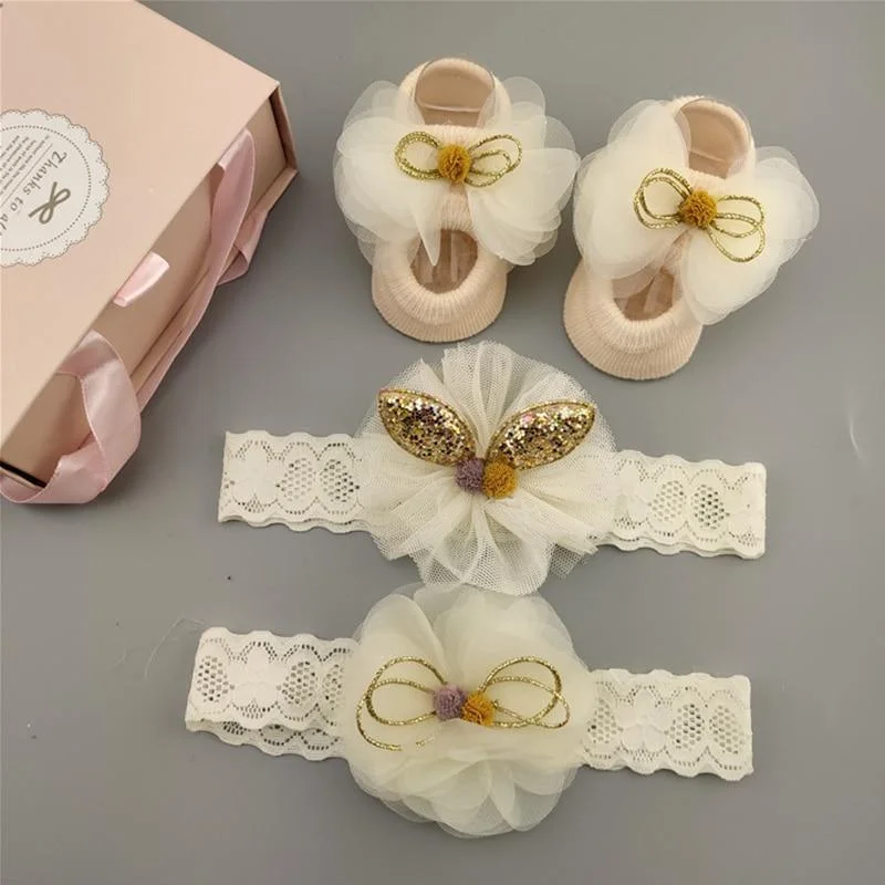 3Pcs/Set Lace Flower Baby Girl Headband Socks Set Crown Bows Newborn Hairband Headbands For Girls Turban Baby Hair Accessories