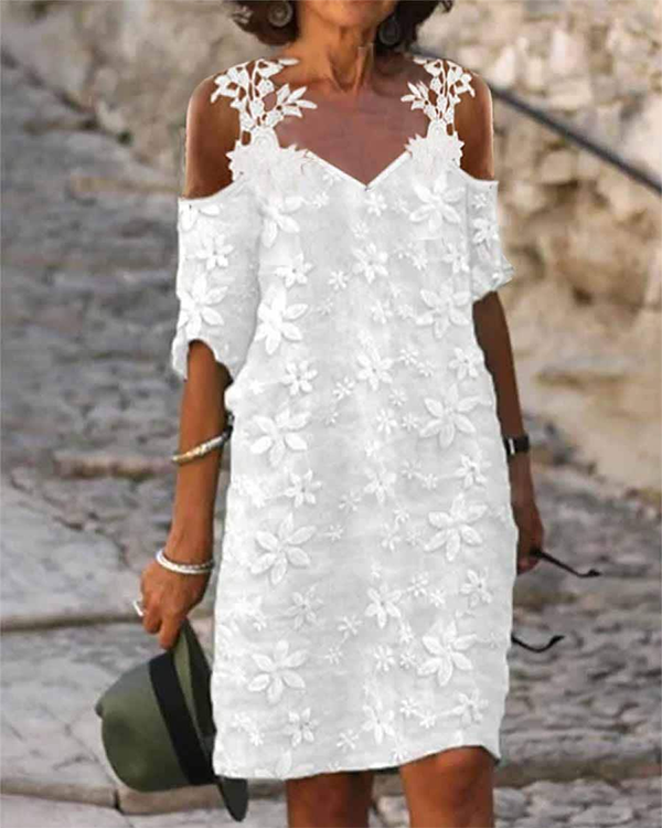 Casual V-neck Off-the-shoulder Short-sleeved Lace Mini Dress