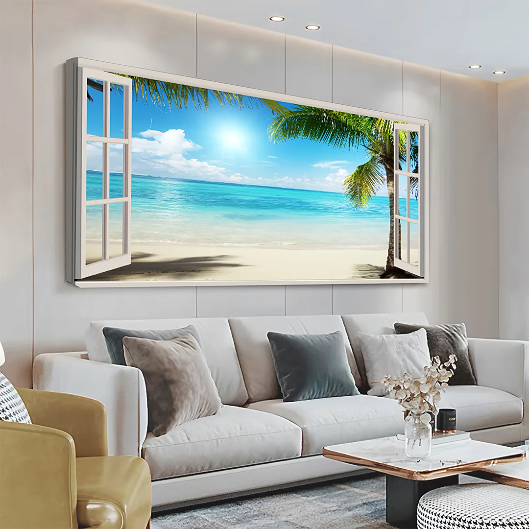Beautiful Window Palm Tree Beach Canvas Wall Art