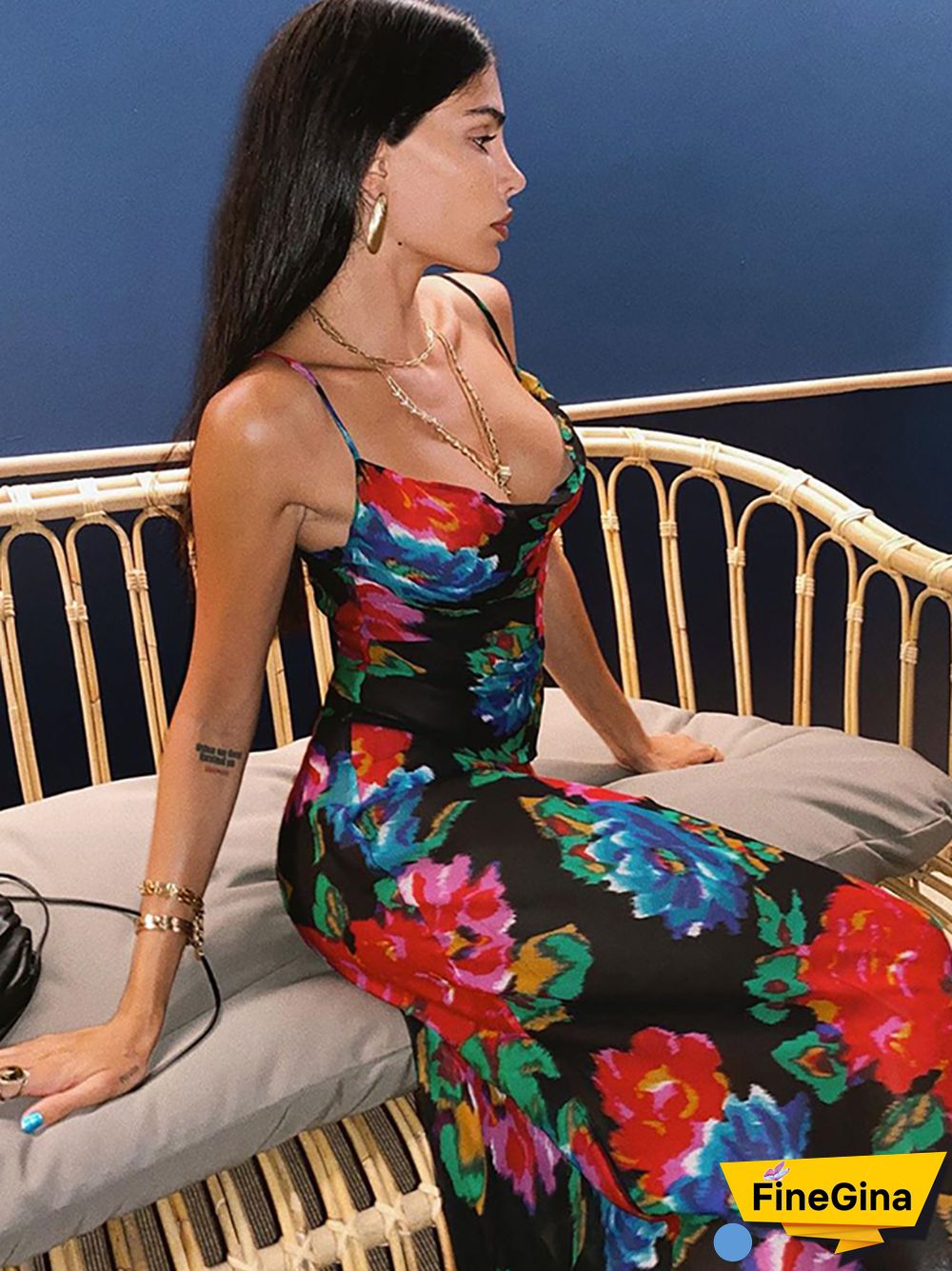 NewAsia Floral Maxi Dress Women Cowl Neck Spaghetti Strap Backless Print Beach Dresses Woman Party Night Sexy Long Dress Black