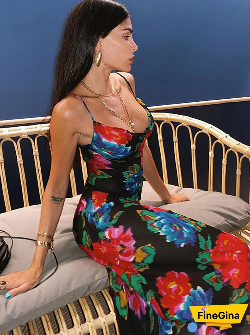 NewAsia Floral Maxi Dress Women Cowl Neck Spaghetti Strap Backless Print Beach Dresses Woman Party Night Sexy Long Dress Black