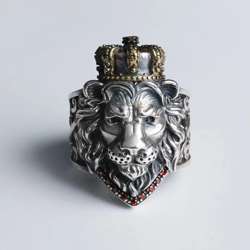 King Lion Ring with Crown and Zircon - Men's Open - Adjustable Ring