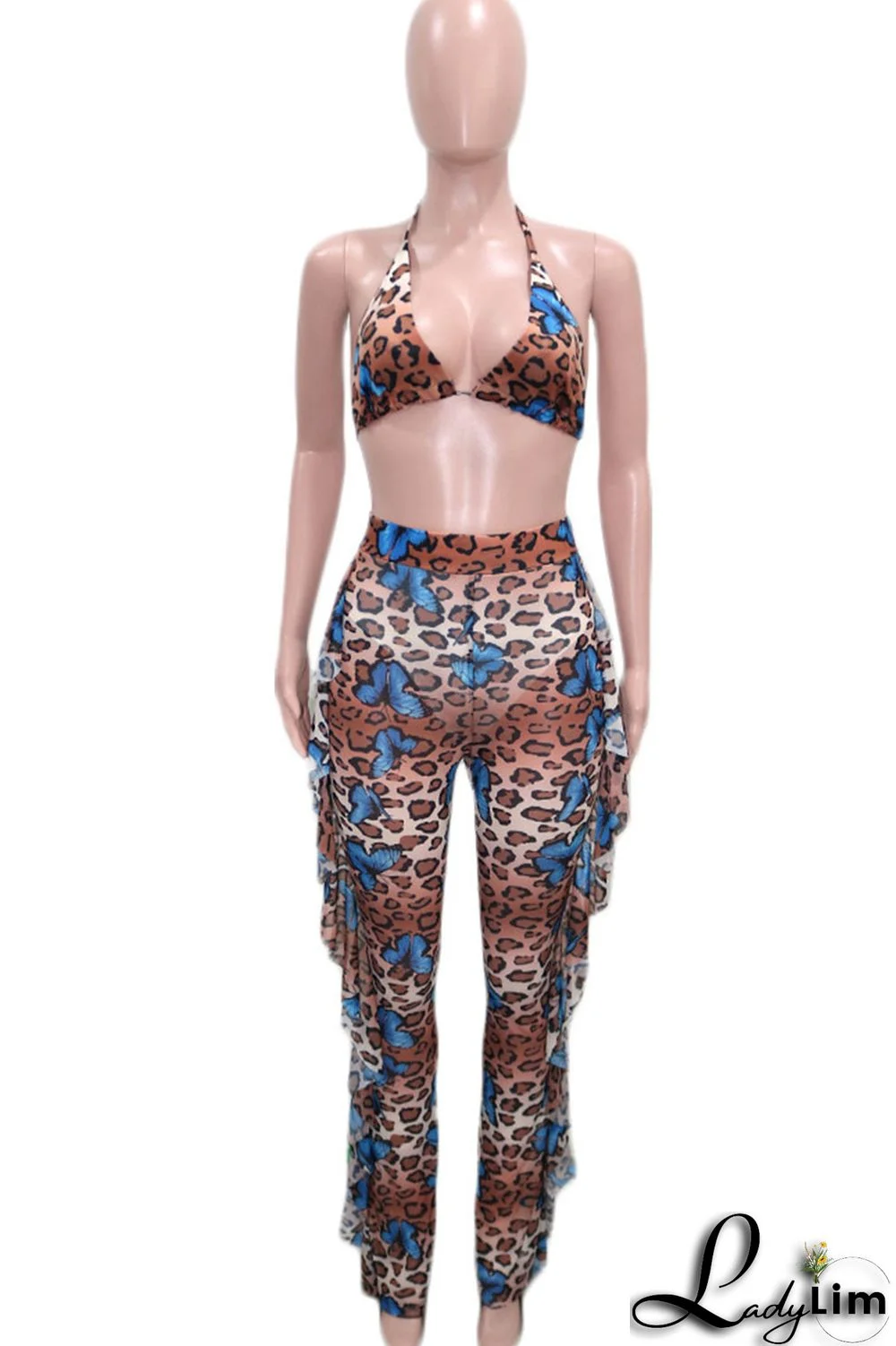 Pink Sexy Print Split Joint Flounce Halter Sleeveless Two Pieces