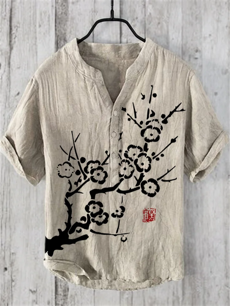Plum Blossom Japanese Lino Art Linen Blend Shirt