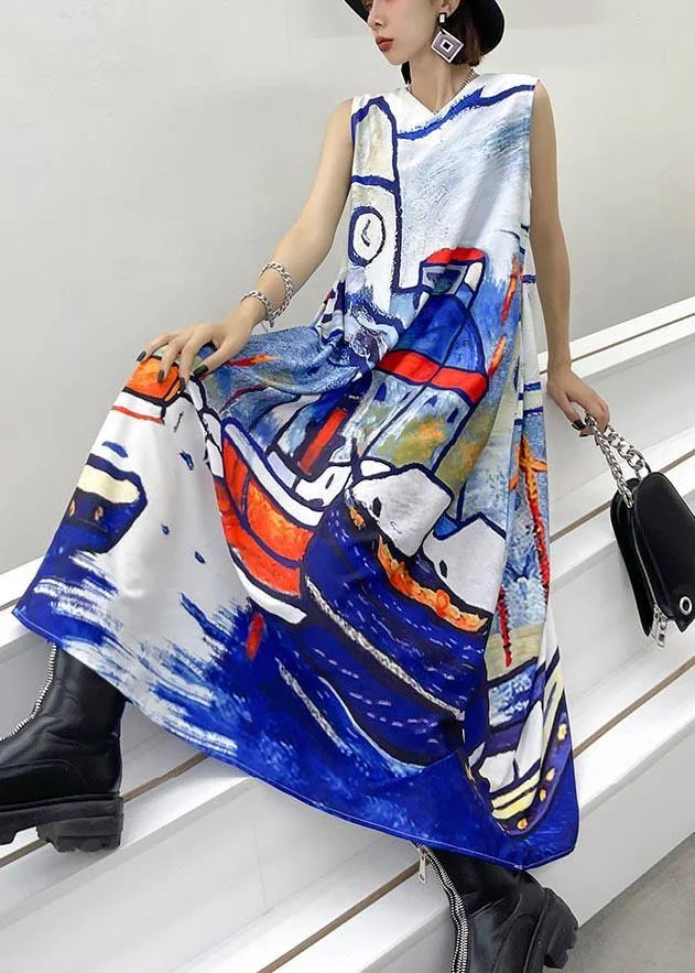 Classy Blue Print Sleeveless Maxi Dresses Summer