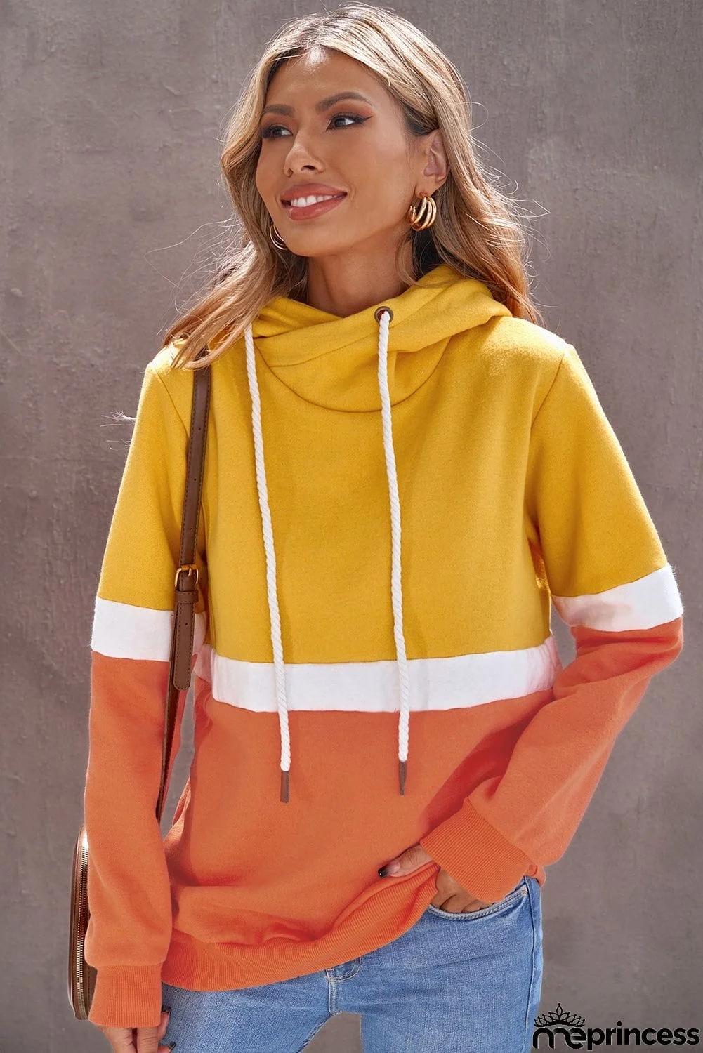 Drawstring Cowl Neck Colorblock Hoodie