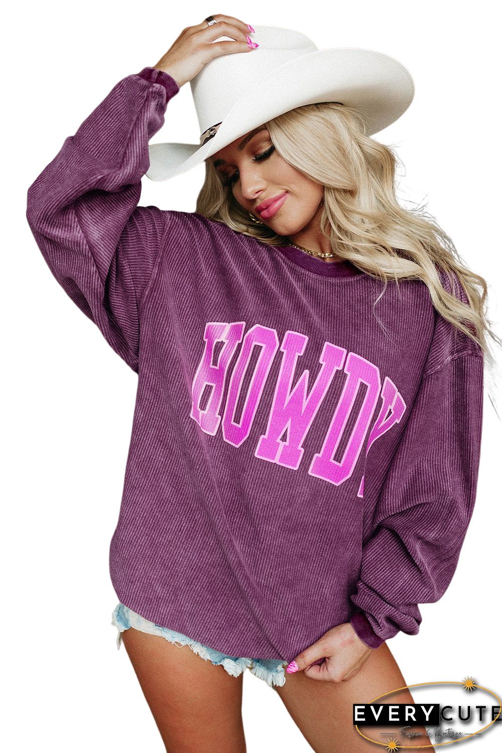 HOWDY Graphic Print Ribbed Casual Sweatshirt