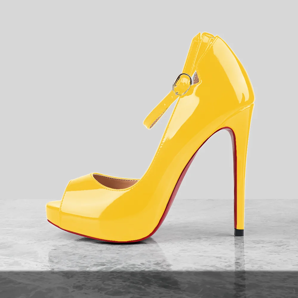 120mm/4.72 Inch Red Bottom Ankle Strap Platform Party Open Toe Slim High Heels