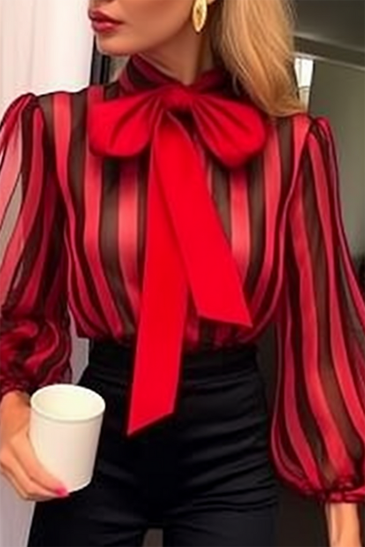Plus Size Daily Blouses Elegant Red Fall Winter Mock Neck Lantern Sleeve Long Sleeve Bow Tie Blouses [Pre-Order]