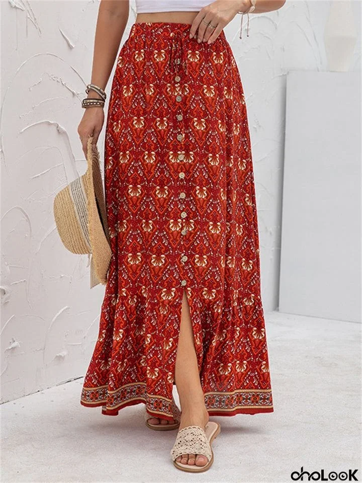 High Waist Casual Printed Split Long Skirts