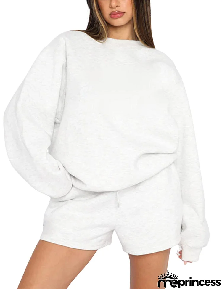 Women Fashion Athleisure Solid Color Round Neck Pullover Long Sleeve Sweater And Shorts Set