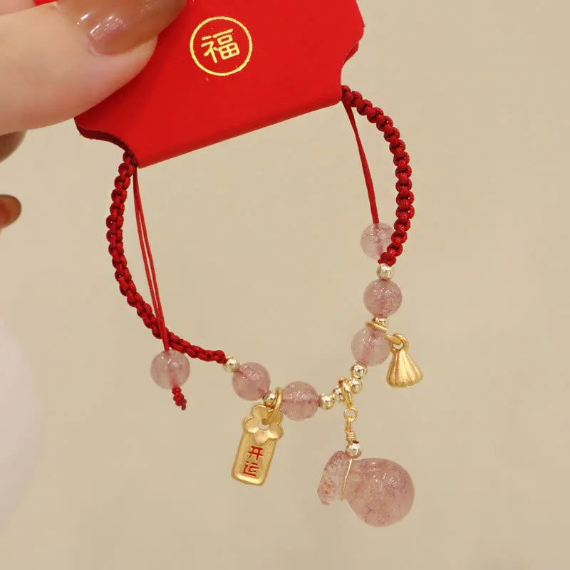 Strawberry Quartz Money Bag Lotus Healing Charm Red String Braided Bracelet