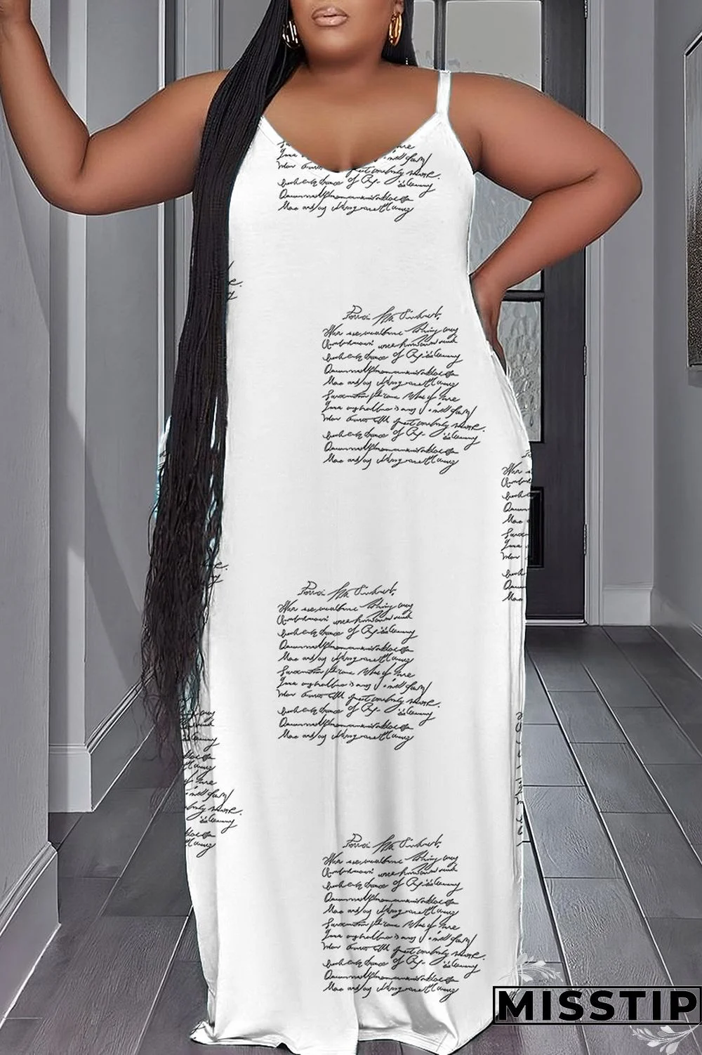 White Sexy Print Backless Spaghetti Strap Long Dress Plus Size Dresses