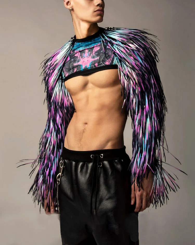 Men's Colorful Printed Hedgehog Tassel Cropped Top