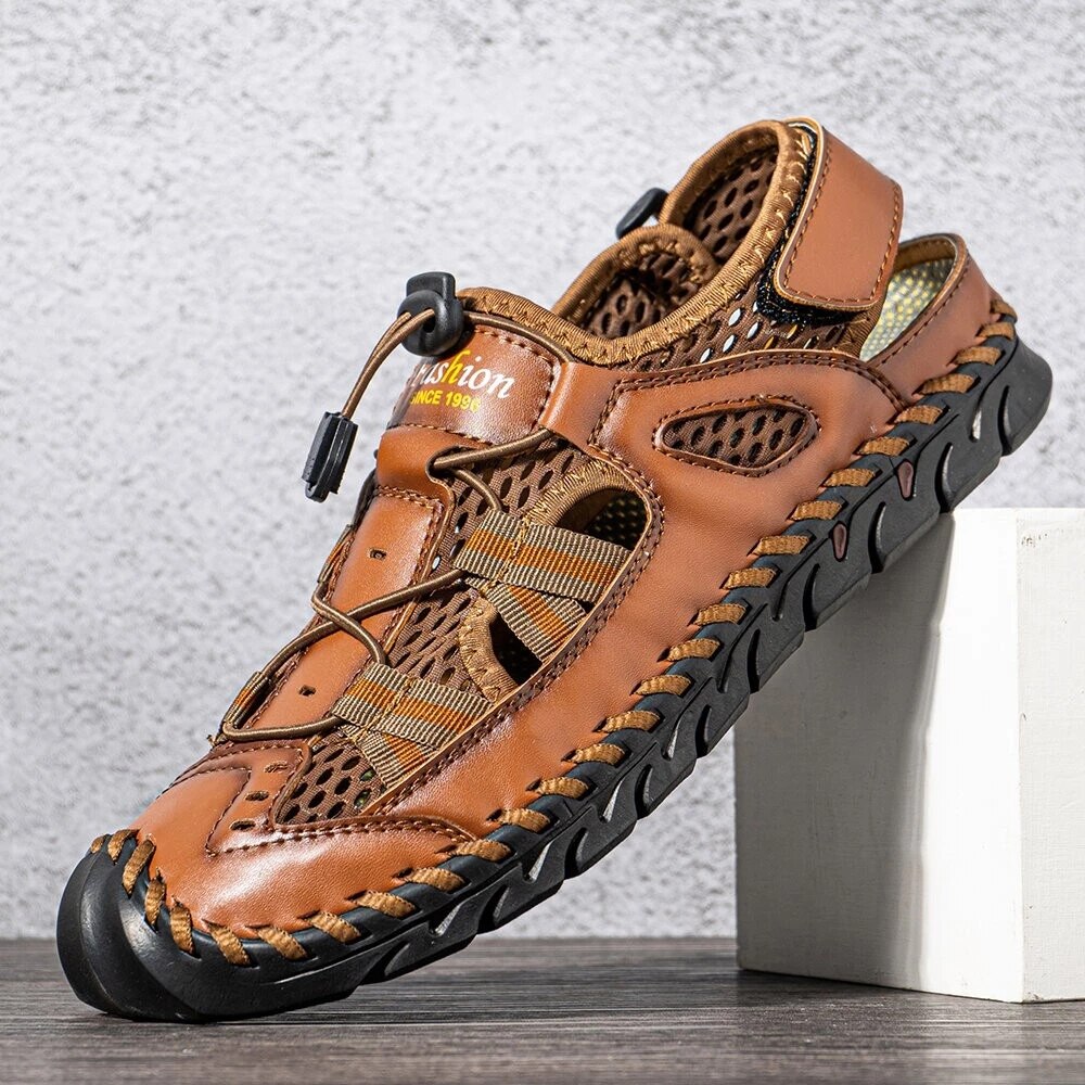 Men's Sandals Hand Stitching Leather Non-Slip Elastic Lace Outdoor Sandals | ARKGET