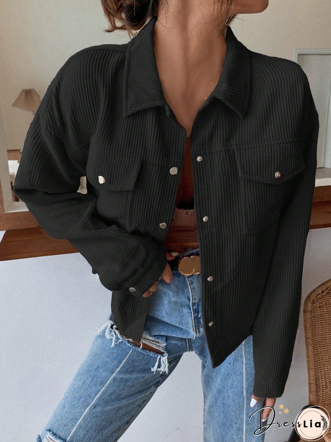 Honey Pocketed Collared Neck Snap Down Jacket