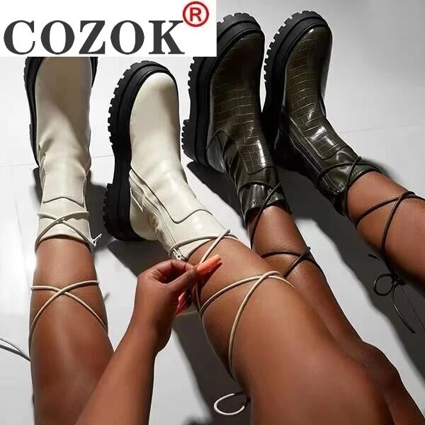 2021 New Winter Fashion Boots Women Platform Warm Shoes Mid-Calf Boots Ankle Boots Zipper Leather Boots Women Botas Mujer