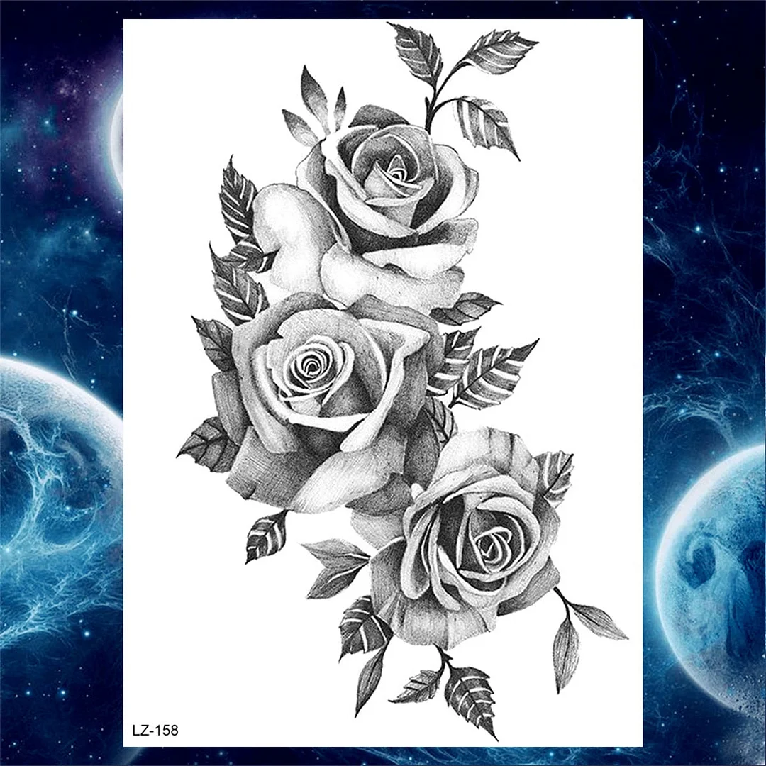 Large 3D Rose Flower Temporary Tattoos For Women Men Adults Death Skull Tattoo Sticker Peony Dahlia Black Fake Tatoos Forearm