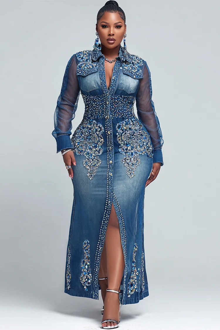 Xpluswear Design Plus Size Party Blue All Over Print Shirt Collar Long Sleeve Button Casual See Through Maxi Dresses 2024 - Xpluswear