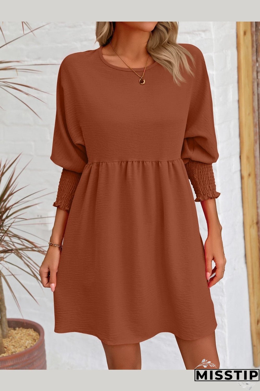 Round Neck Lantern Sleeve Mini Dress