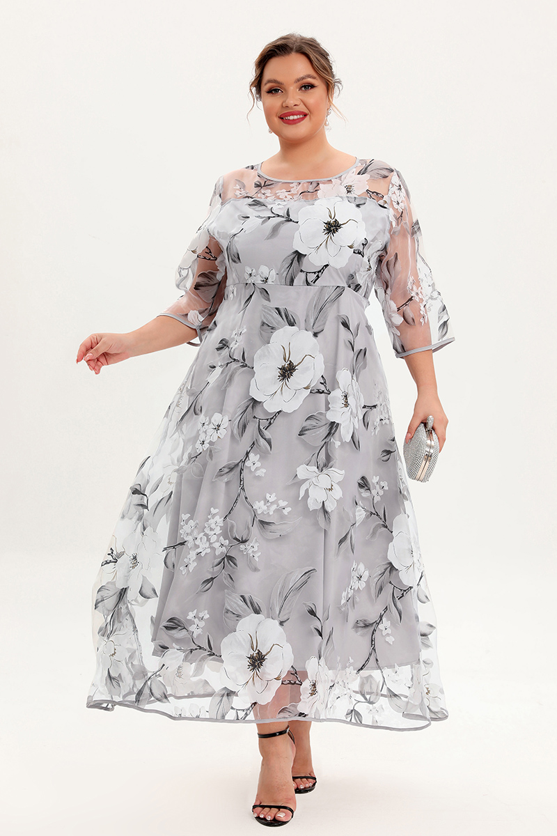 Flycurvy Plus Size Mother Of The Bride Grey Floral Print Mesh Layered A Line Tunic Maxi Dress