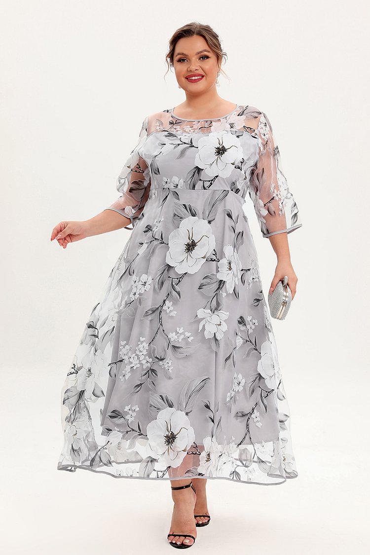 Flycurvy Plus Size Mother Of The Bride Grey Floral Print Mesh Layered A Line Tunic Maxi Dress  flycurvy [product_label]
