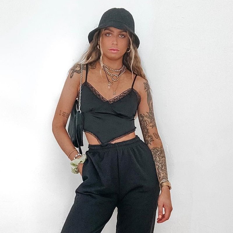 Lace Patchwork Satin White Crop Top Women Straps V Neck Cami Ladies Backless Bustier Sexy Top Black Triangle Hem Tops