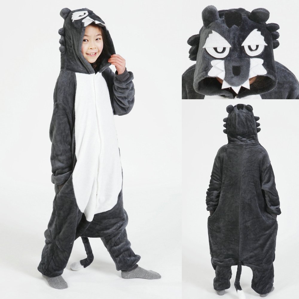 Grey Wolf Kigurumi Pajamas Kids Animal Hoodie Onesie Cosplay-Pajamasbuy