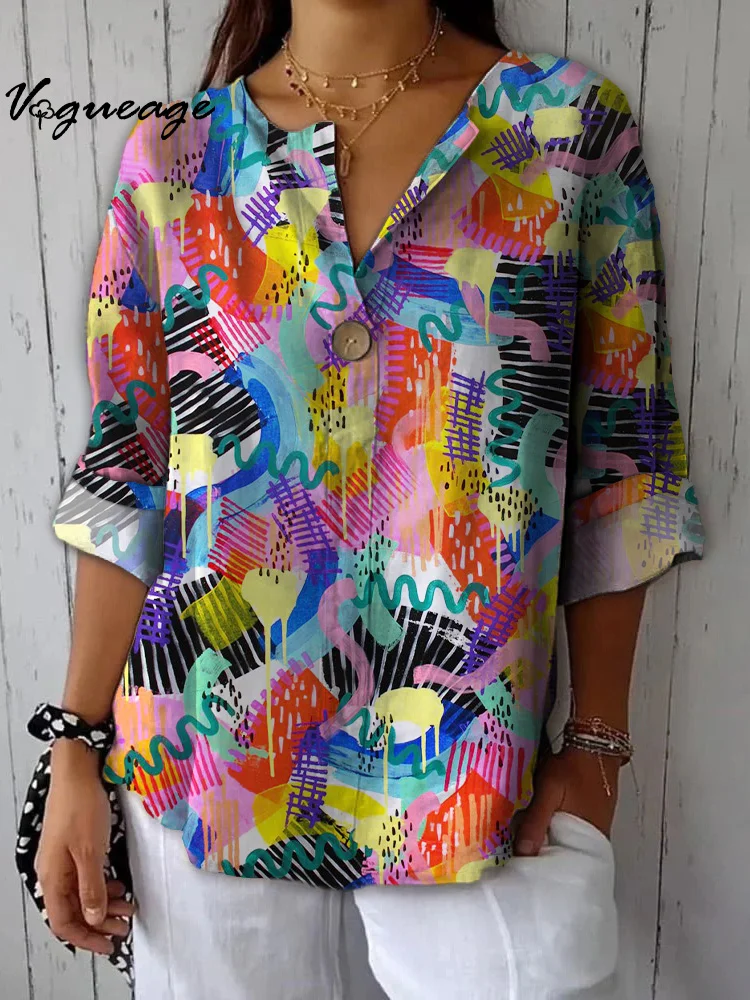 Bright And Gentle Creative Painted Pattern Printed Cotton And Linen Shirt
