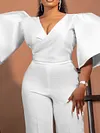Solid Color Short Sleeves Wide Leg V-Neck Jumpsuits