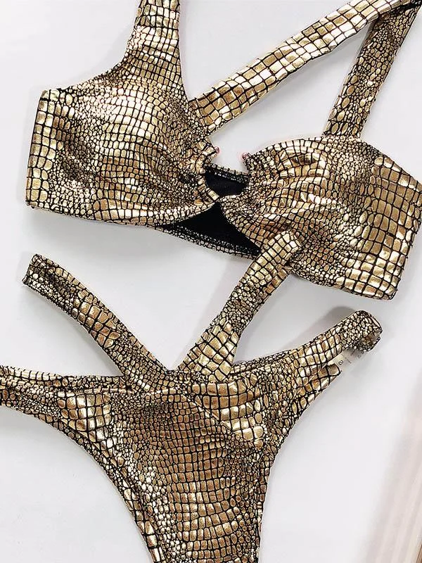 Snake-Print Asymmetric Split Bikini Swimsuit