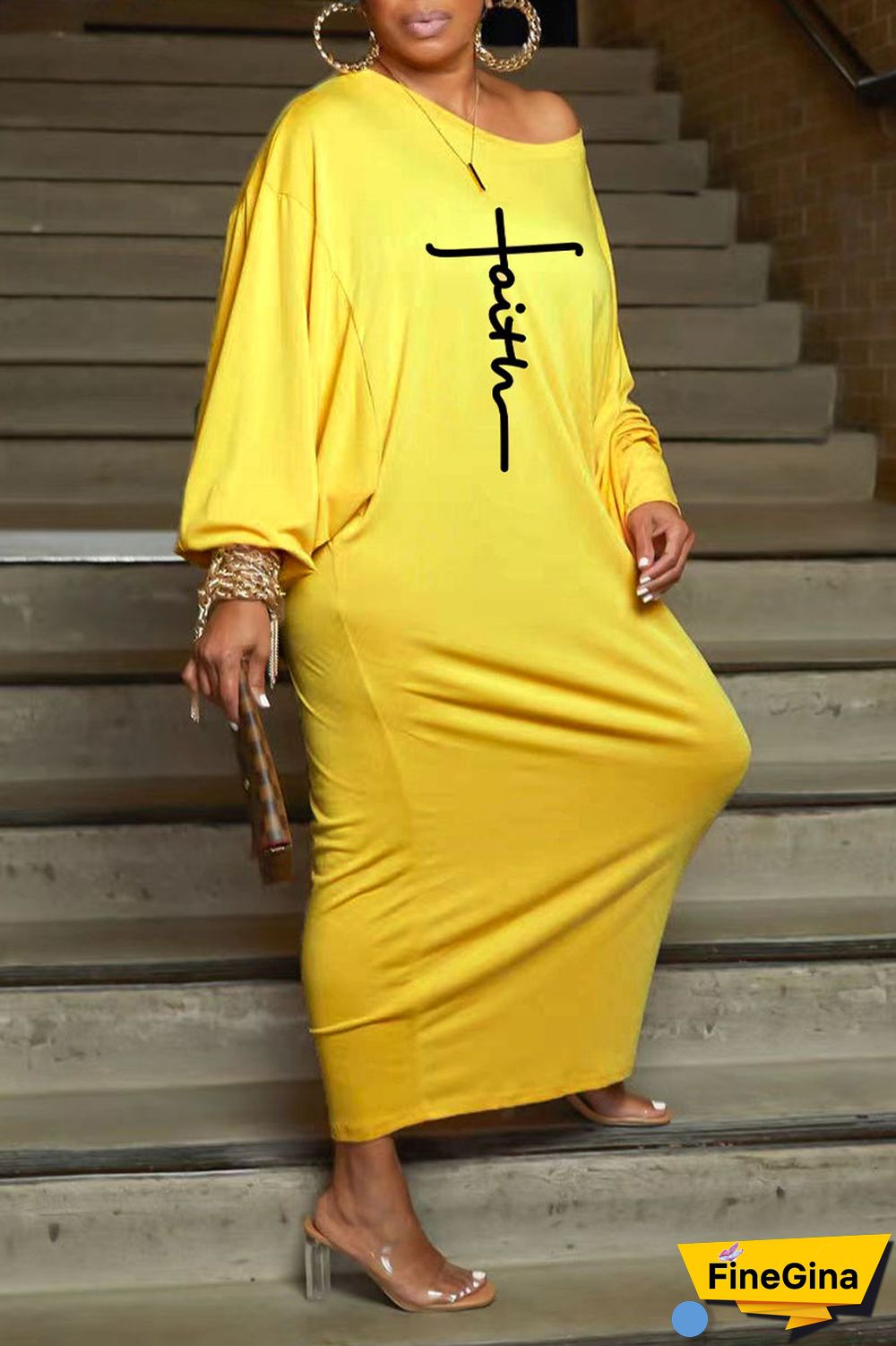 Yellow Casual Print Patchwork Oblique Collar Straight Dresses