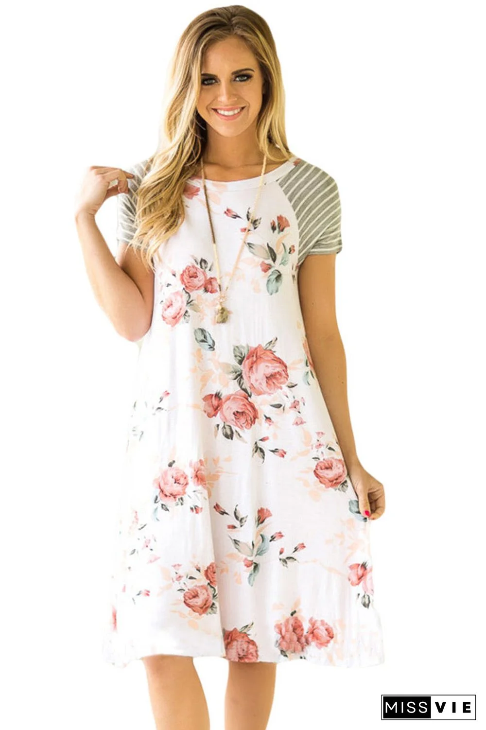 Floral Round Neck Short Sleeve Panel Dress