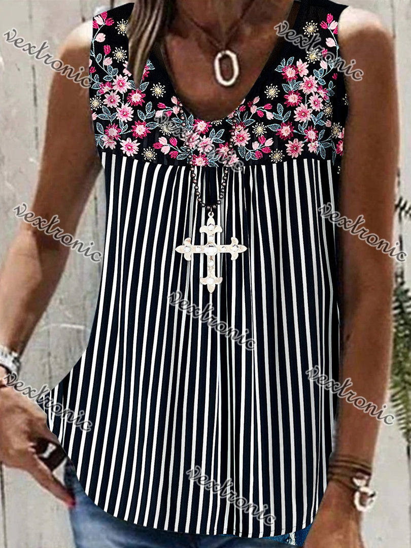 Women Sleeveless V-neck Floral Printed Striped Graphic Top