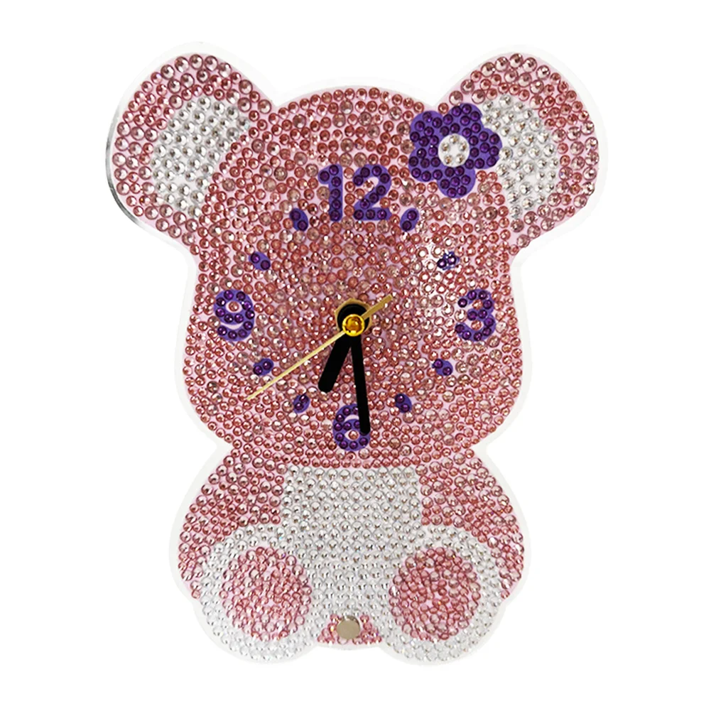 DIY Pink Bear Crystal Diamond Clock Art Craft Set 5D Cartoon Gift Souvenirs(18*11.4cn)