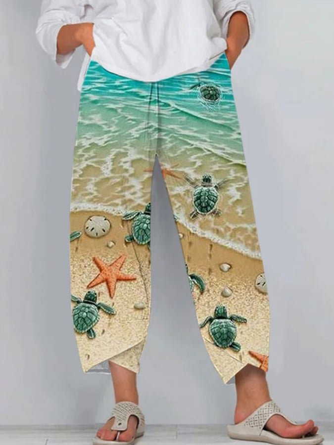 Women's Resort Turtle Print Pocket Casual Pants