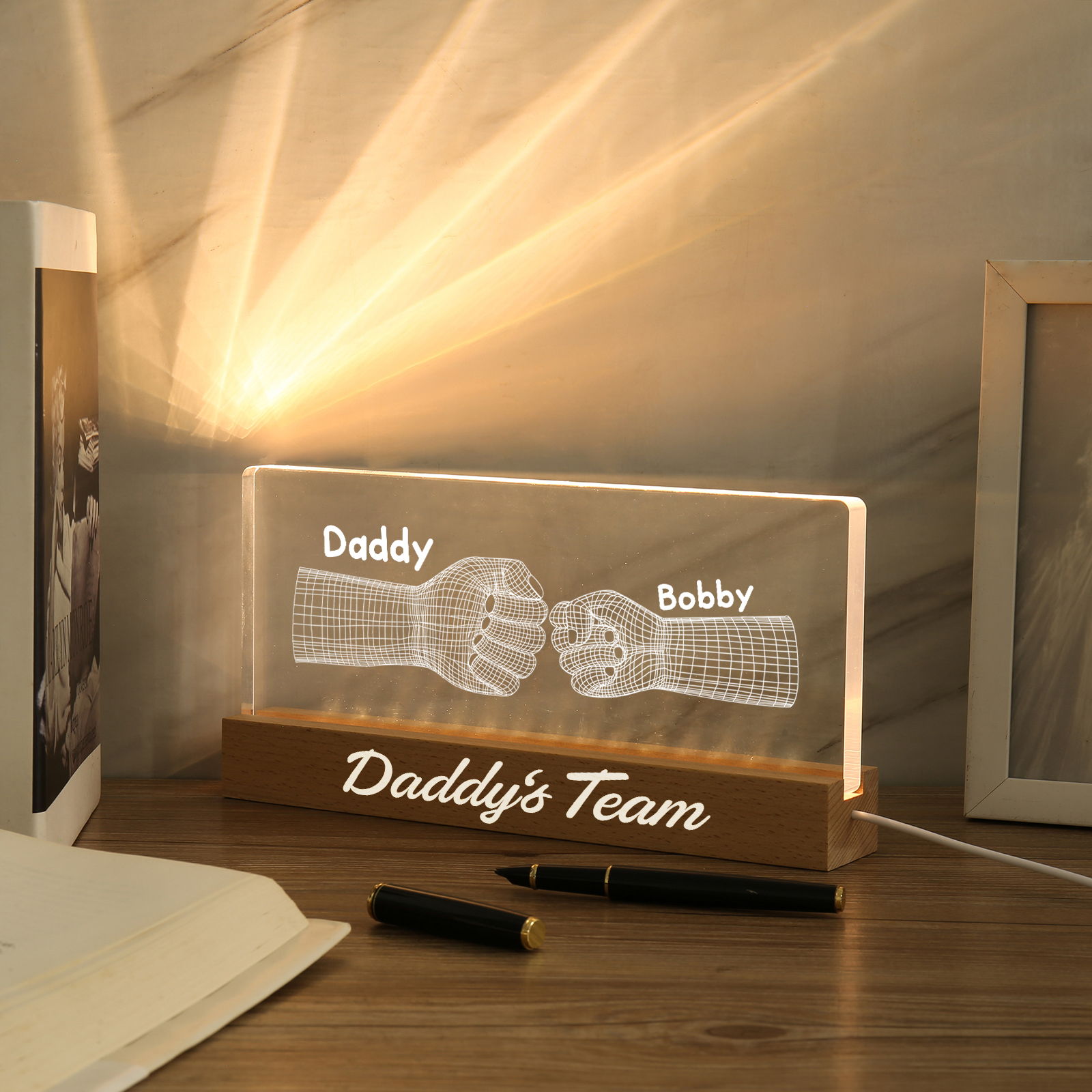 2 Names Personalised Fist Bump Pattern Night Light Custom Text LED Light Father's Day Gift for Dad