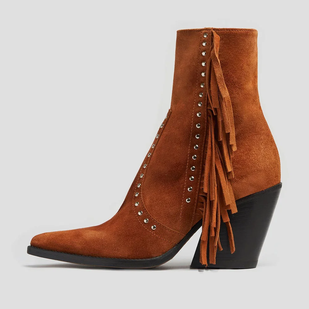 Pointed Toe High Heeled Studded Fringe Short Booties in Brown