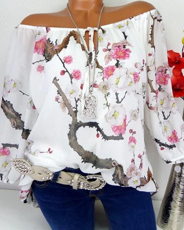 Floral Boat Neckline Long Sleeve Blouses